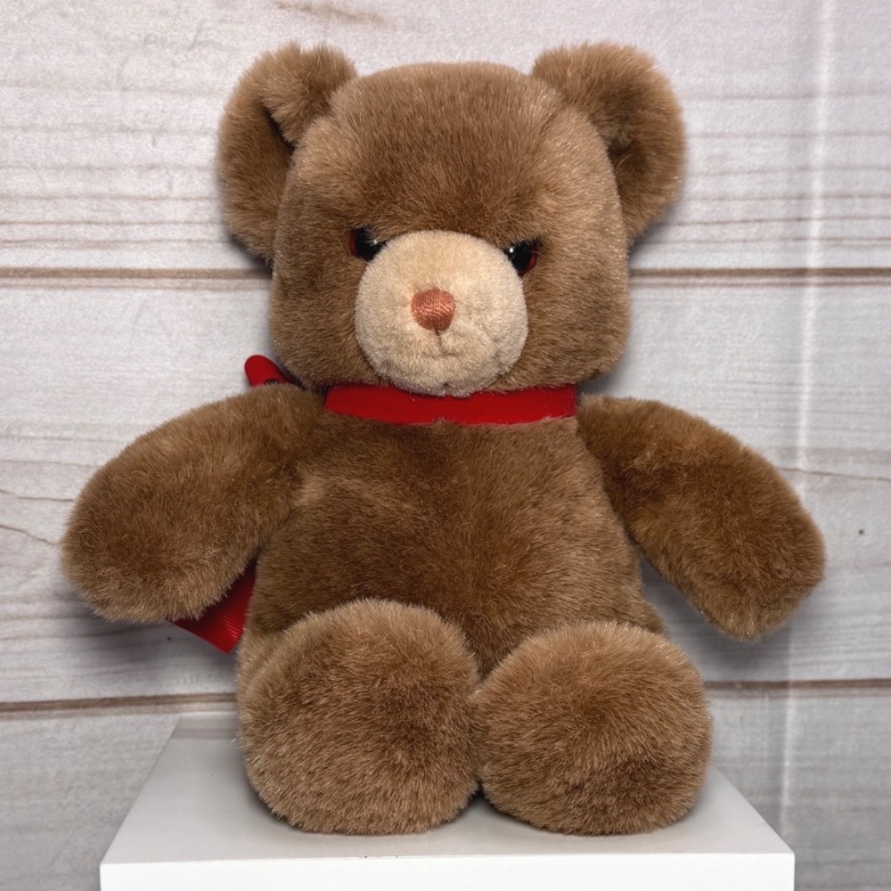 Vintage 1983 Gund Teddy Bear Brown Plush Stuffed Animal Red Ribbon Bow 11 inch